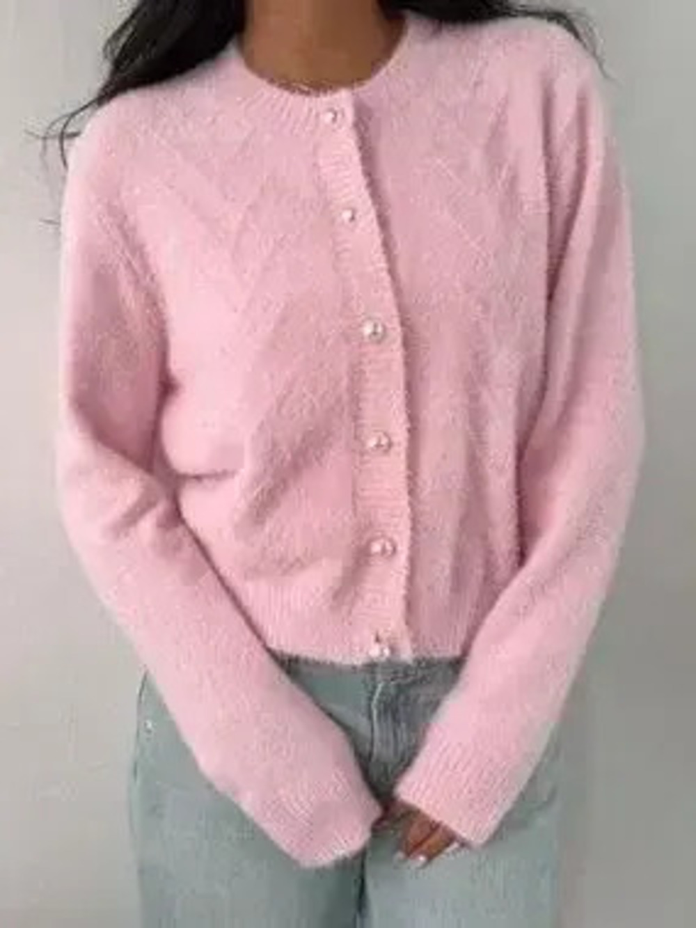 Soft Fuzzy Texture Cardigan with Pearl Buttons - Picture 2 of 5